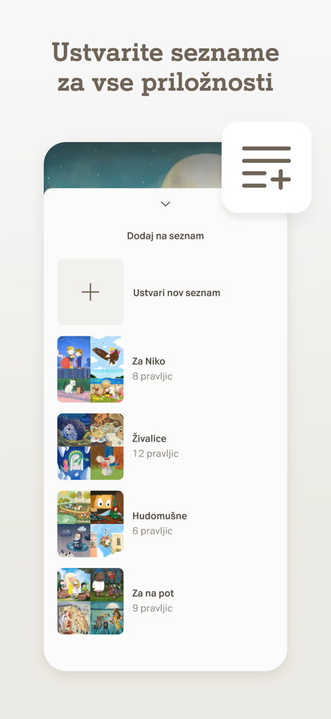 Lahkonočnice - Mobile app interface showing customizable story playlists for children with different themes and character illustrations