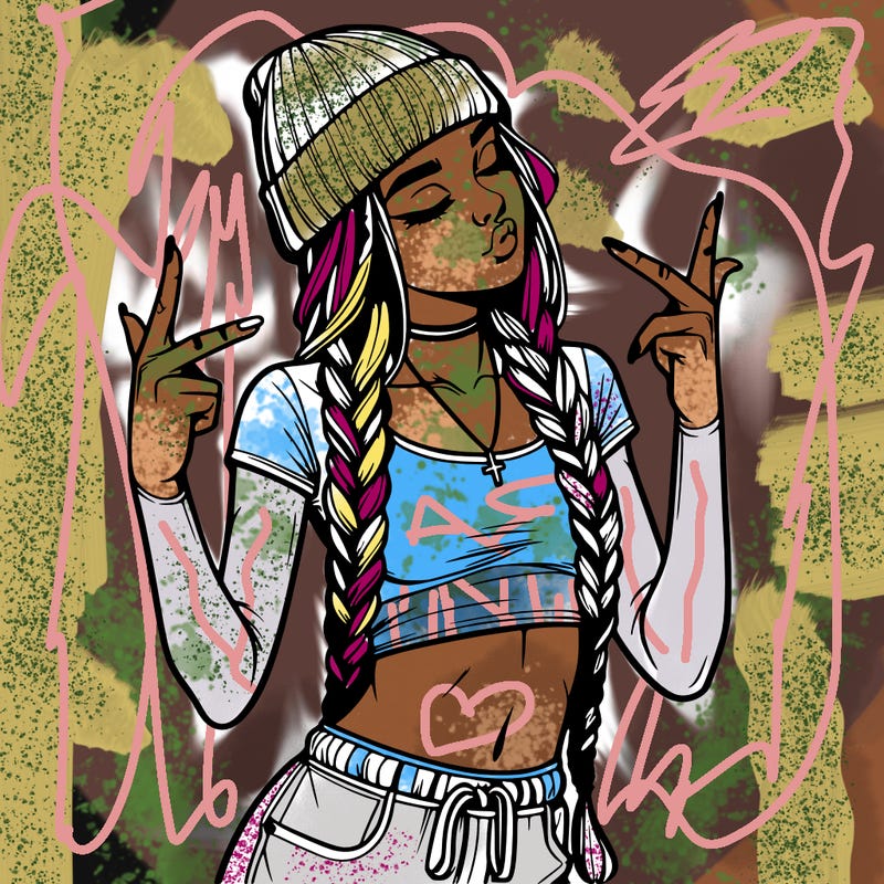 realistic teenage girl with braids and a beanie and crop top doing 🫶🏼