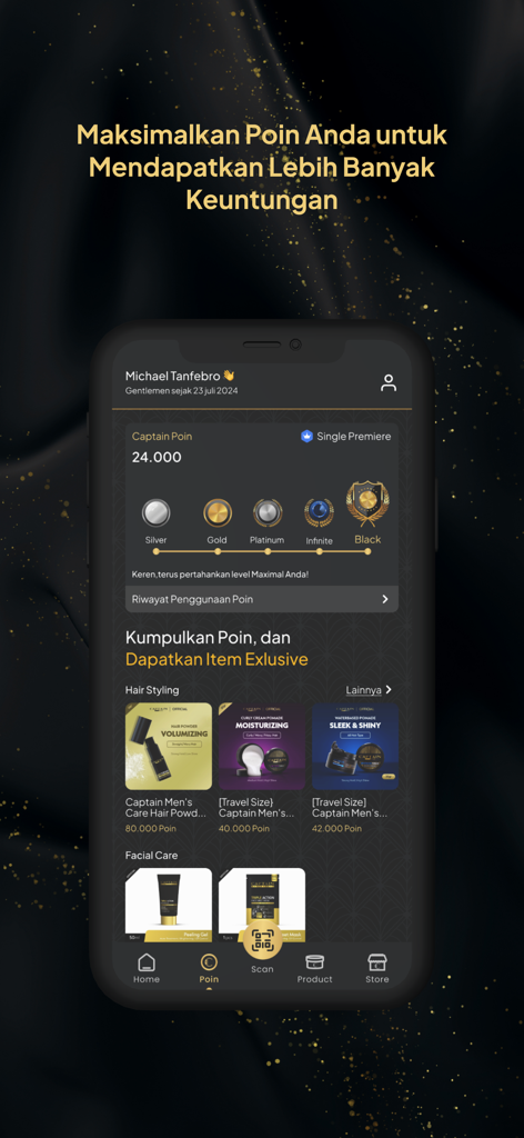 Captain Membership - Mobile app interface for Captain Membership showing loyalty reward points, membership tiers from silver to black, and exclusive grooming products available for redemption.