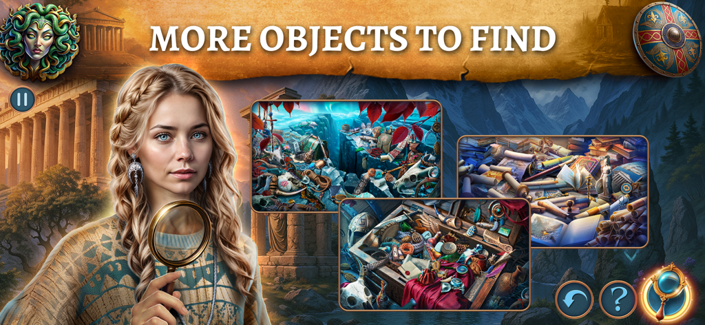 Mystery of Myth: Hidden Object - A woman holding a magnifying glass in front of multiple hidden object puzzle scene previews in a mythological landscape