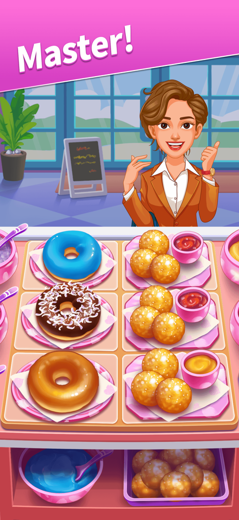 A smiling female chef presenting trays of glazed donuts and fried desserts