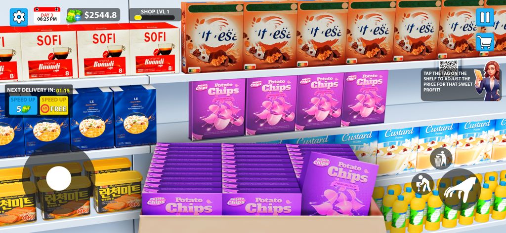 Supermarket Store Simulator 3D - Stocked supermarket shelves with various grocery items like chips and coffee in a 3D management game