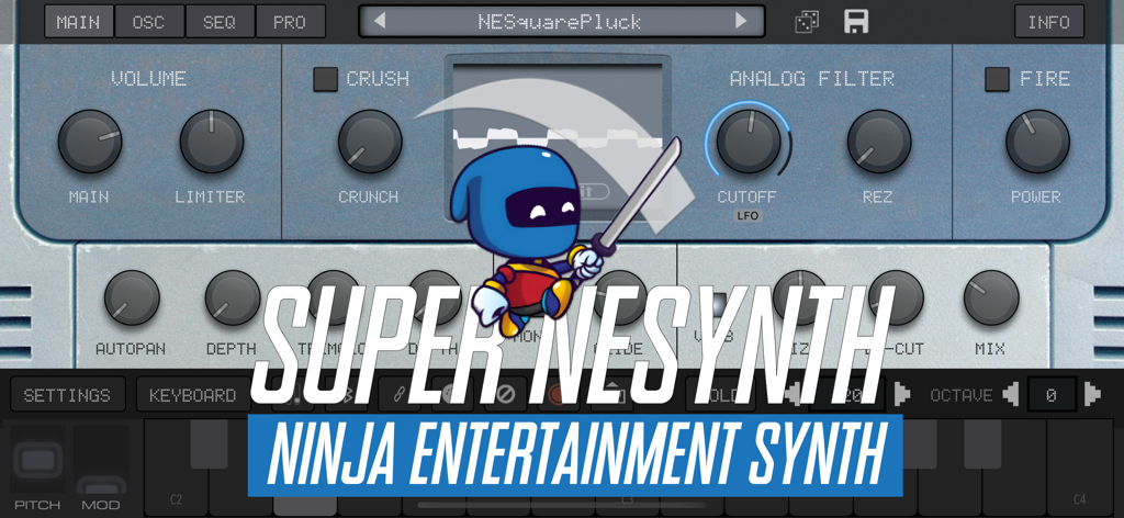 SNESynth: Chiptune Power! - The interface of the SNESynth mobile app featuring a retro chiptune synthesizer with various control knobs and a blue ninja mascot.