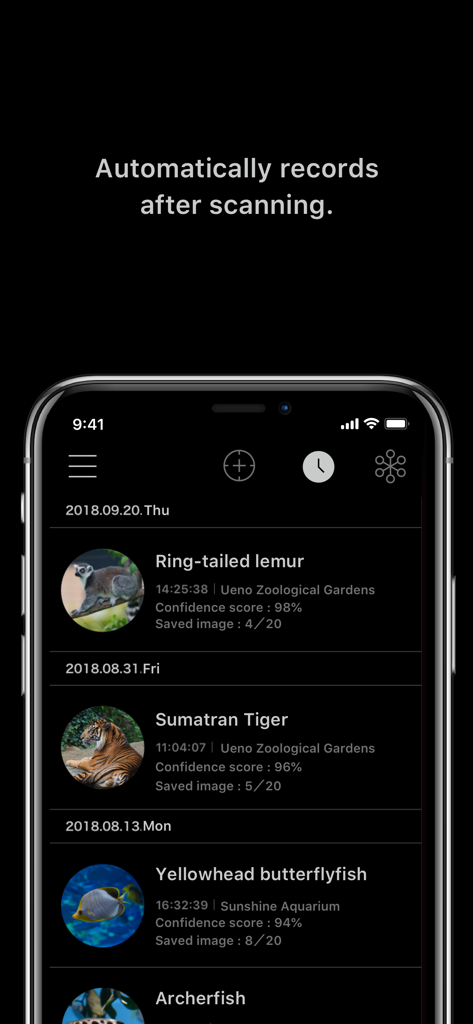Interface de l'application LINNE LENS montrant une liste chronologique de scans d'animaux enregistrés automatiquement, y compris un lémurien et un tigre.