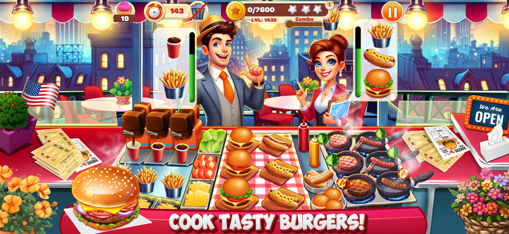 A vibrant restaurant counter in Cooking Mastery showing characters serving burgers and hot dogs