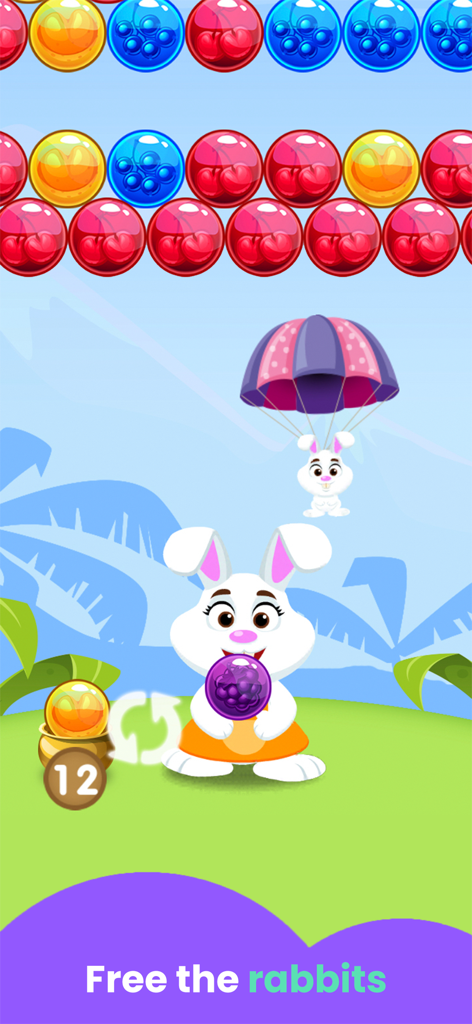 A white rabbit playing a colorful bubble shooter game to rescue baby bunnies