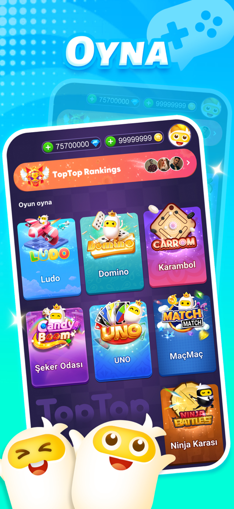 Pantalla principal de la aplicación TopTop que muestra una variedad de juegos sociales como Ludo Domino y Carrom con íconos coloridos y adorables mascotas