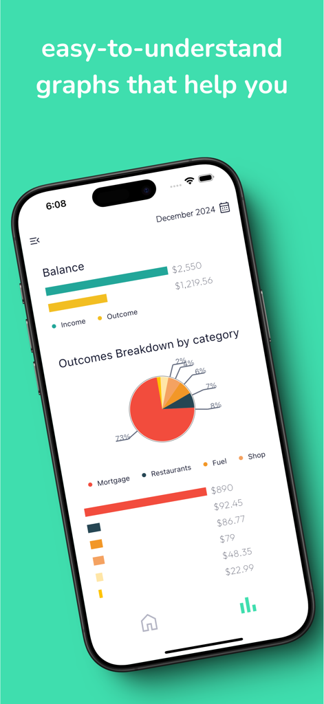 My Money - Track your expenses - Panel financiero visual que muestra categorías de gastos y gráficos de ingresos en un teléfono móvil.