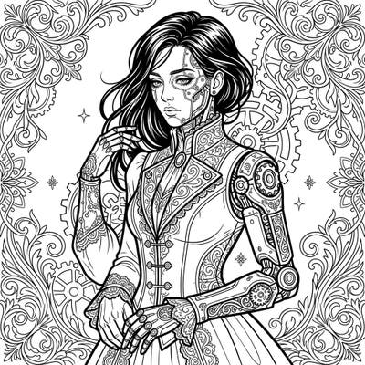 Dive into a captivating world where organic meets machine with this stunning bio-organic cyborg coloring page. Adorned in elaborate gothic fashion, this design offers a unique blend of dark romance and futuristic tech for your artistic pleasure.