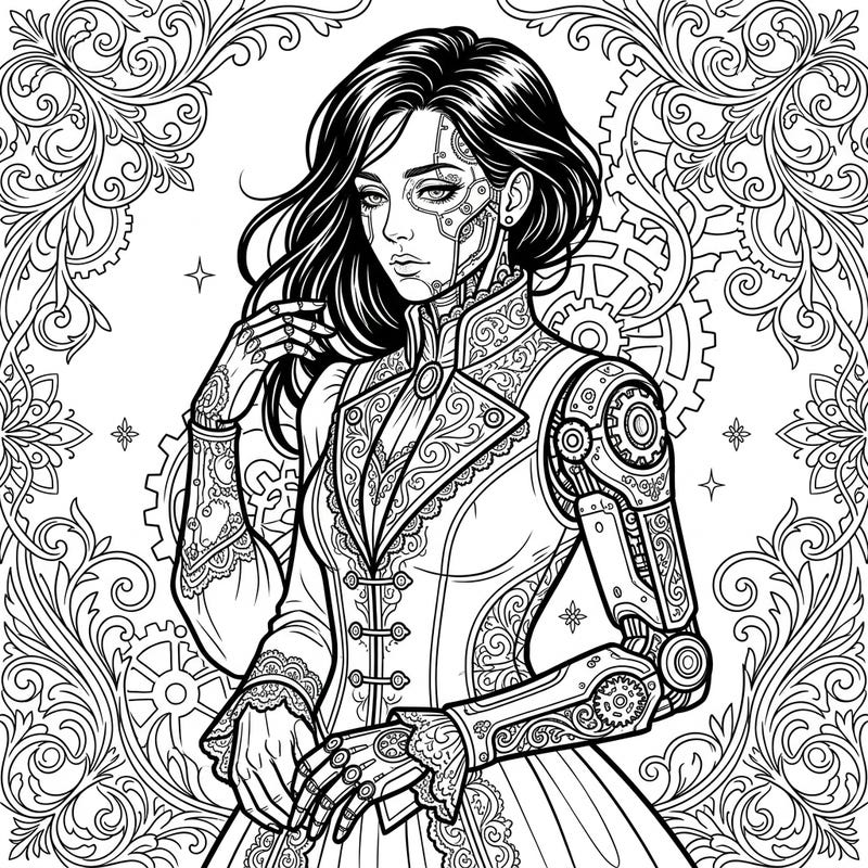 Dive into a captivating world where organic meets machine with this stunning bio-organic cyborg coloring page. Adorned in elaborate gothic fashion, this design offers a unique blend of dark romance and futuristic tech for your artistic pleasure.