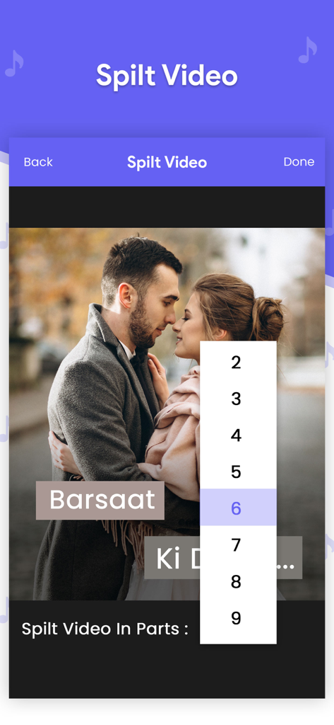 Video Editor - Add Music - Mobile app interface showing the split video tool with a numerical selector to divide a video clip into parts.