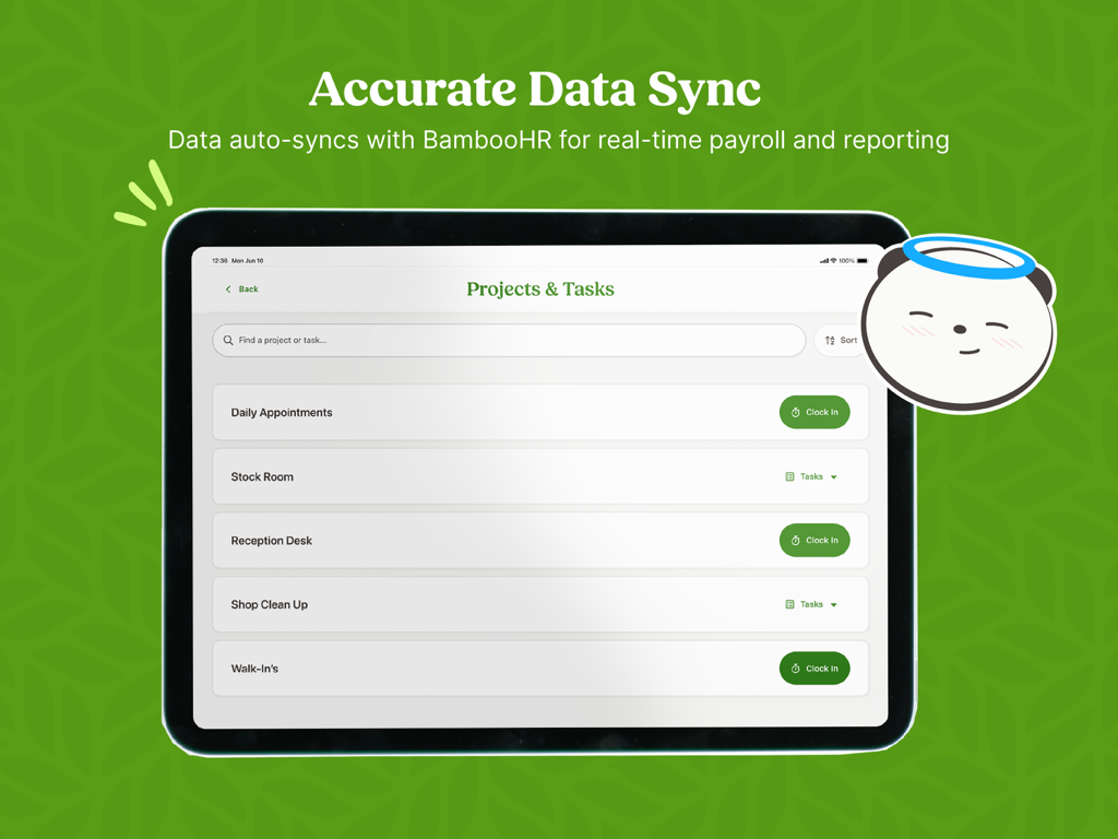BambooHR Time Kiosk - BambooHR Time Kiosk iPad screen showing the Projects and Tasks list for employee time tracking.