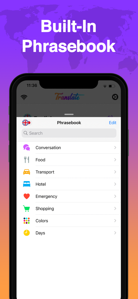 Translator » - The Translator app phrasebook screen showing travel and emergency categories