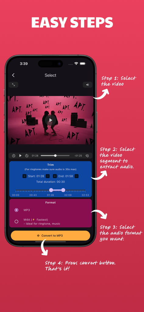 Convert Video to Audio Offline - A mobile app interface showing four easy steps to trim and convert video files to MP3 audio.