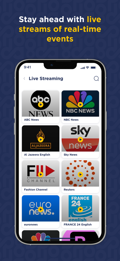 Daily8 app interface showing a selection of live streaming news channels like ABC News NBC News and Al Jazeera