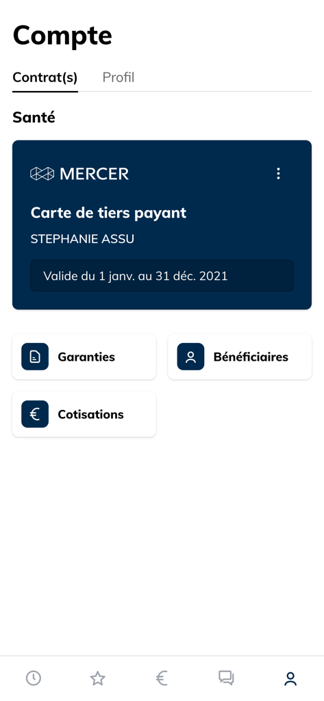 Interface de l'application Mercer ma santé affichant la carte de tiers payant et les détails du contrat d'assurance.