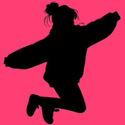 realistic girl jumping with a bun and oversized sweatshirt