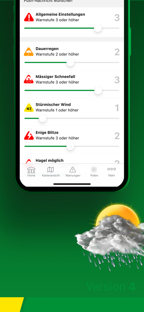 LANDI Wetter - LANDI Wetterアプリのインターフェース。雨、雪、風などのさまざまな条件に対するカスタマイズ可能な天気アラート設定が表示されています。