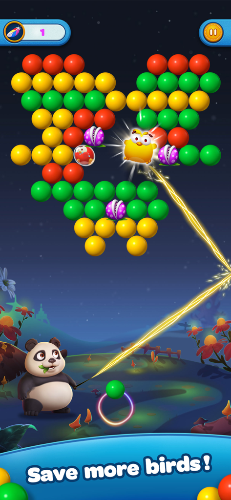 Bubble Shooter Panda Crush - A cute panda aims a bubble shooter at colored bubbles to rescue a trapped yellow baby bird