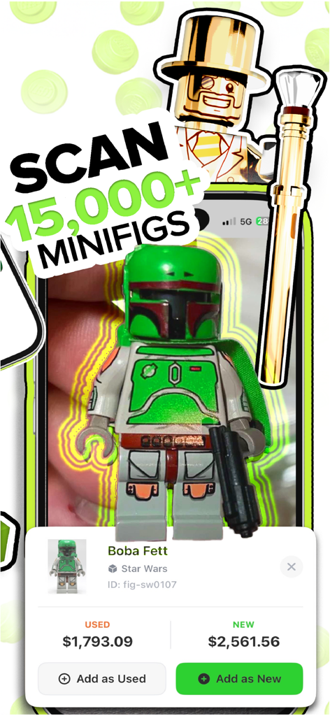 Brickify - Brickify app scanning a Boba Fett minifigure to display real time market value for used and new conditions
