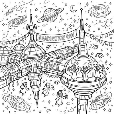 Prepare for an out-of-this-world celebration with this unique Space Station Graduation Day coloring page! Imagine a future where academic achievements are honored amongst the stars, perfect for inspiring young minds.