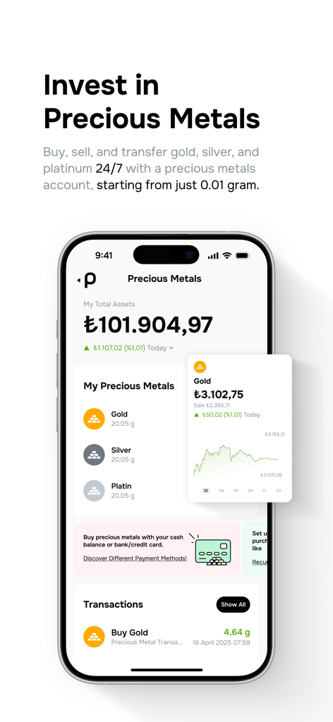 Papara - Interface de l'application Papara montrant les options pour acheter et vendre des métaux précieux comme l'or et l'argent