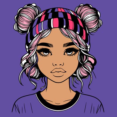 realistic girl with buns in her hair with a beanie on