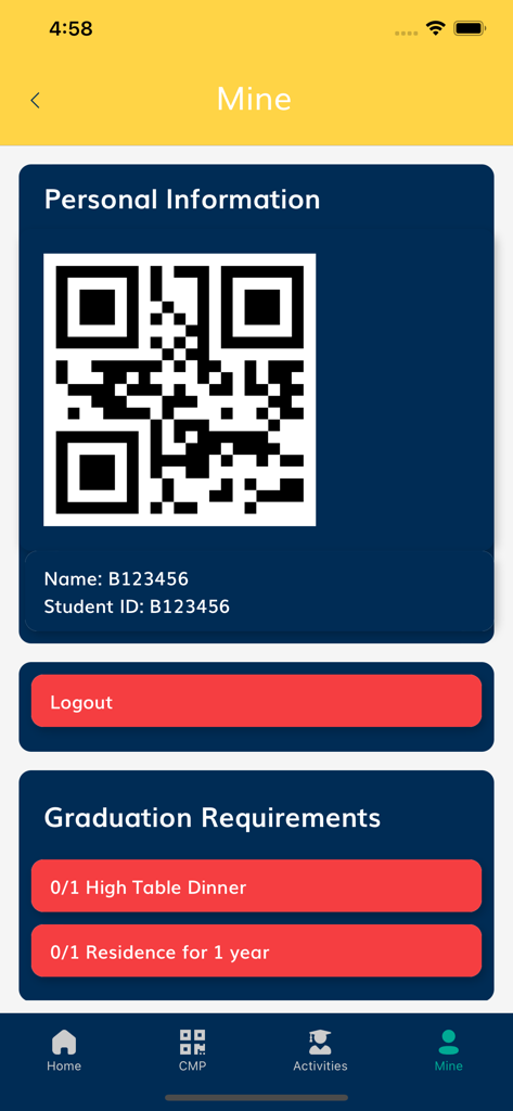 Profilbildschirm eines Studenten in der UMRC-App, der einen persönlichen QR-Code und den Status der Abschlussanforderungen anzeigt.