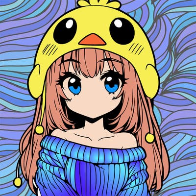 anime girl with chick shaped hat with sweater with bare shoulders with bangs covering them one eye with low tail