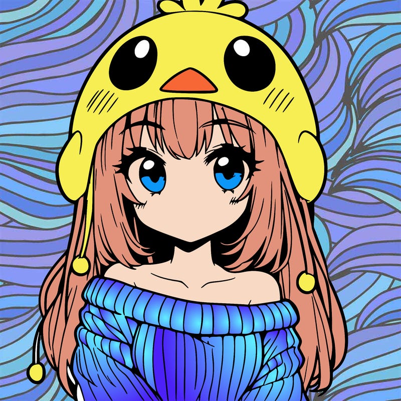anime girl with chick shaped hat with sweater with bare shoulders with bangs covering them one eye with low tail