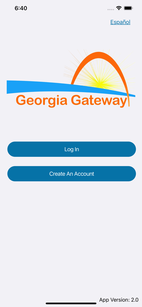 GA Gateway app login screen with Log In and Create An Account buttons