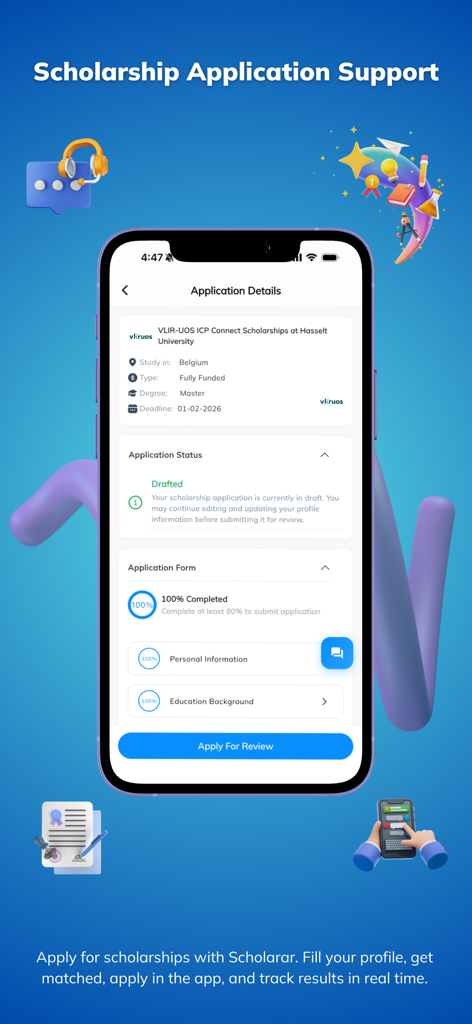 Scholarar - Scholarship App - A smartphone displaying the application details for a fully funded master degree scholarship in Belgium including progress tracking and status updates
