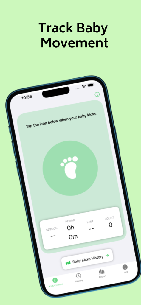 Interface of the Kick Counter Baby Kicks app showing the main tracking screen with a baby footprint icon