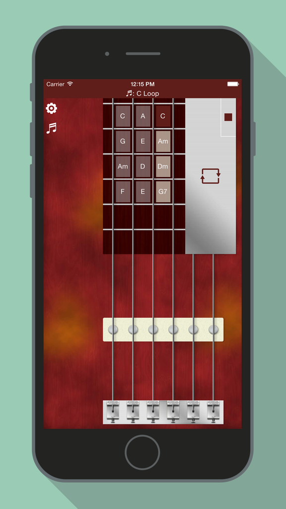 Capture d'écran de l'application gratuite Virtual Guitar affichant une grille programmable d'accords musicaux