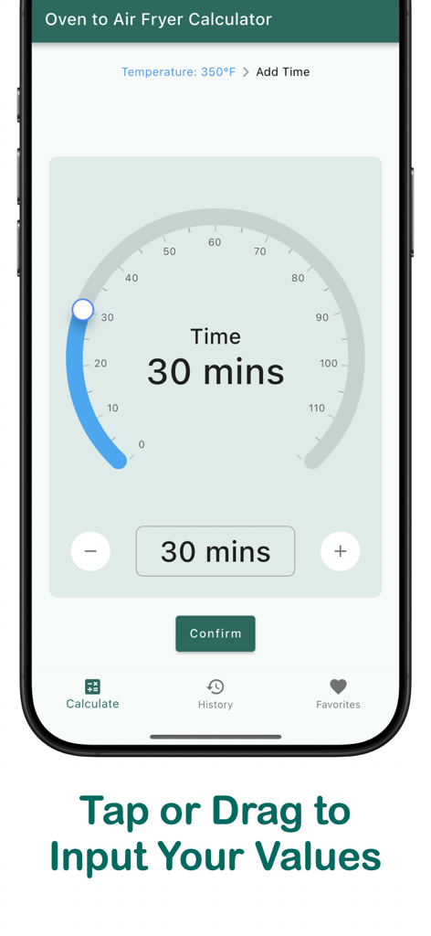 Oven to Air Fryer Calculator app interface showing a radial slider for selecting cooking time