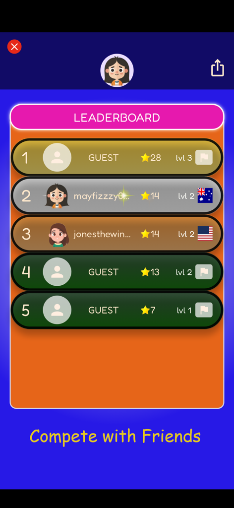 Quizia: General Knowledge Quiz - Pantalla de tabla de clasificación de trivia de Quizia mostrando las mejores puntuaciones y niveles de los jugadores.