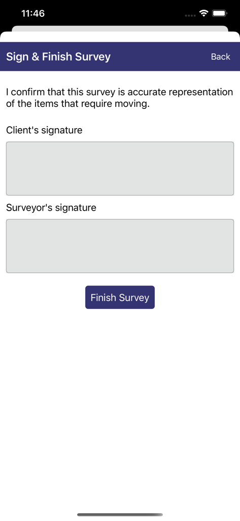 MoveMan Mobile app screen for capturing client and surveyor signatures to finish a moving survey