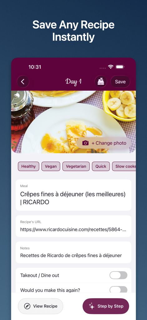 Weekly Chefs - Meal planner - Weekly Chefs app screen showing a saved crepe recipe with its URL and dietary tags