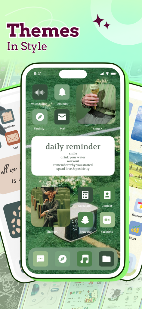 ThemeX: App Icons & My Widgets - Pantalla de inicio de iPhone verde estética con iconos de aplicaciones personalizados y widgets de recordatorios diarios.
