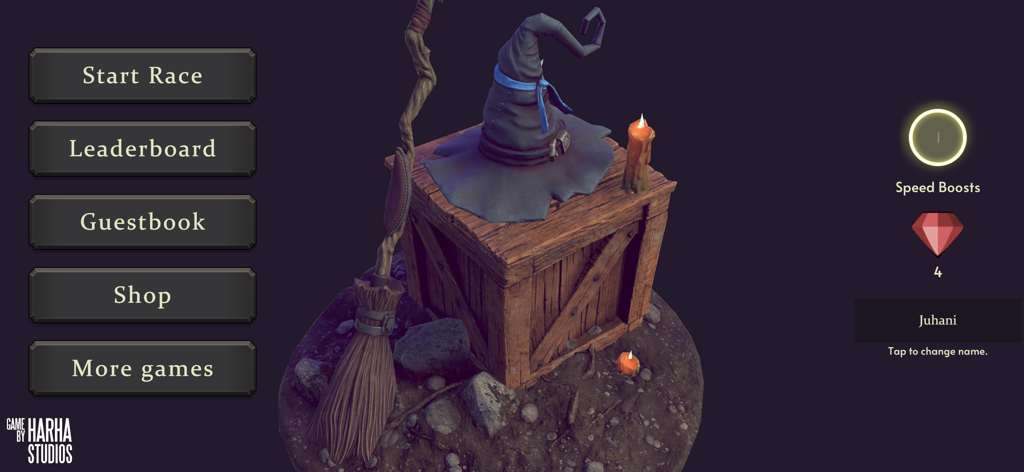 Broom Race - Tela principal de Broom Race mostrando botões de navegação e um chapéu de bruxo 3D com uma vassoura