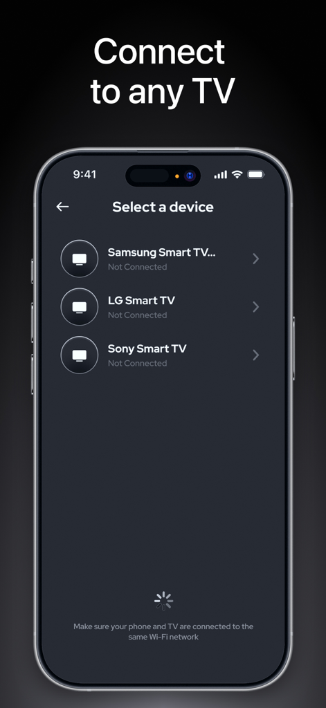 An iPhone screen showing the device selection list for a universal TV remote app
