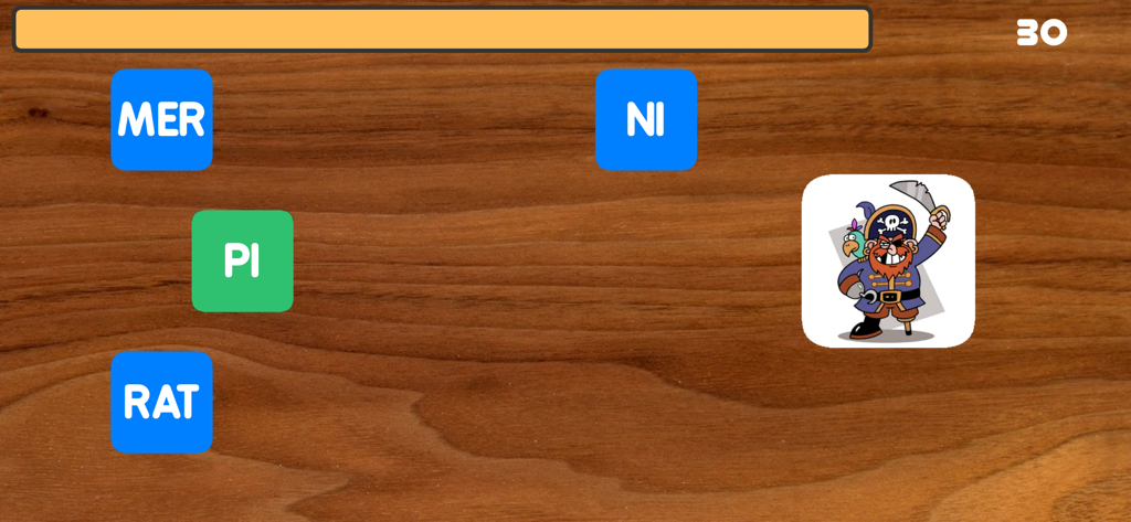 Schreiben mit Silben Pro - Interface de jogo educacional para aprender sílabas alemãs construindo a palavra Pirat com blocos de construção