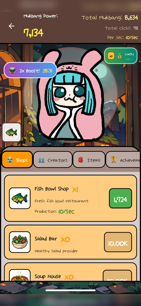 Pantalla de juego de MunchPop mostrando el menú de la tienda con opciones de pecera y barra de ensaladas y estadísticas del personaje