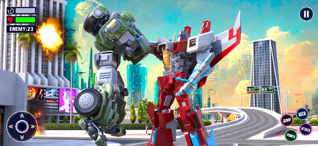 Robot Transform 3d War Games - Two giant robots fighting in a 3D city arena with action controls