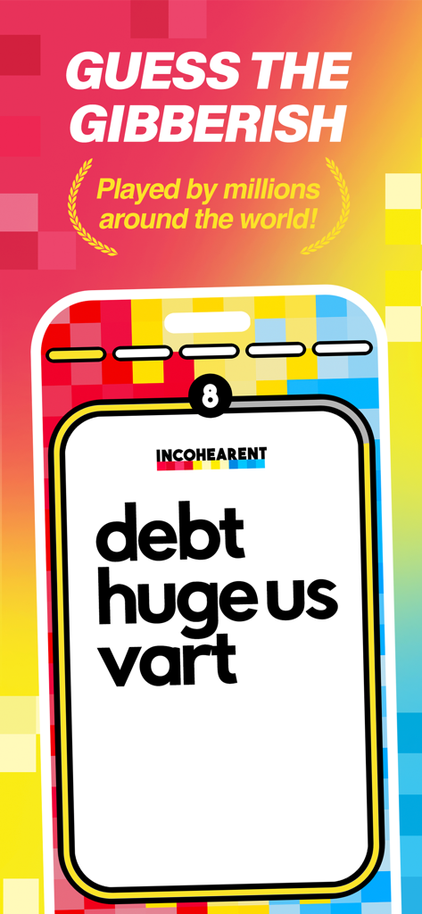 Pantalla de juego de la app Incohearent mostrando una frase fonética de gibberish en una pantalla de smartphone