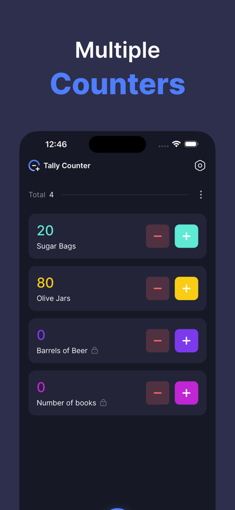 Tally Counter app interface displaying multiple color coded digital counters for tracking inventory items like sugar bags and olive jars