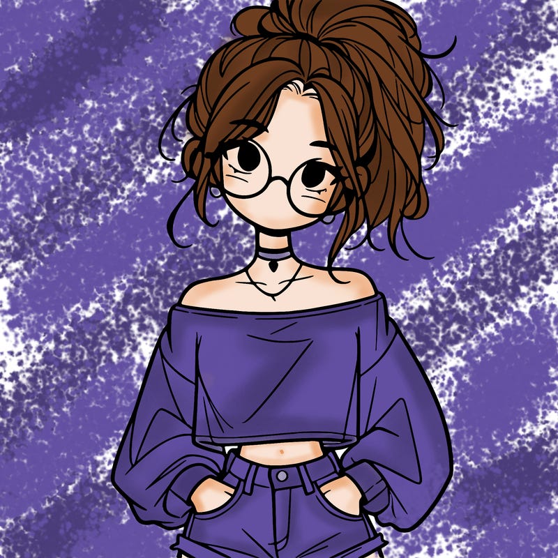 girl with a messy ponytail glasses a baggy crop top and jean shorts