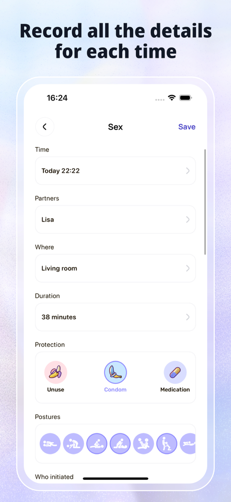 Interface of Aphrodite app showing details for recording sexual activity including partner location duration and protection options