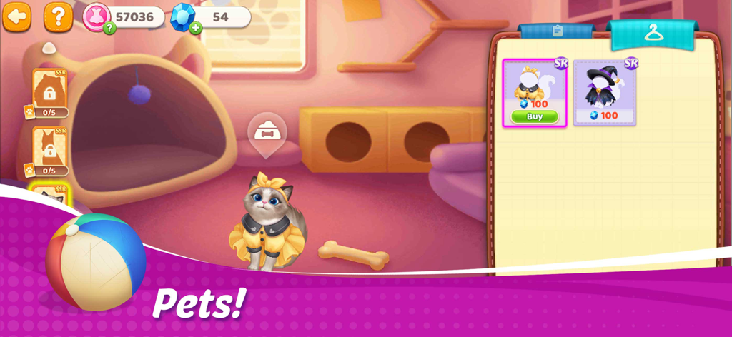 Cooking Wonder: Cooking Games - Um gato fofo usando um vestido amarelo na funcionalidade de sala de animais de estimação do jogo Cooking Wonder.