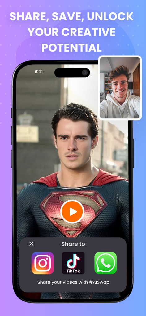 AI Face Swap Video Generator - AI Face Swap app showing a face swapped onto a superhero character with options to share on Instagram and TikTok